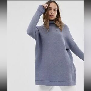 Free People Ottoman Slouchy Ribbed Mock Neck Sweater Tunic Blue Chambray